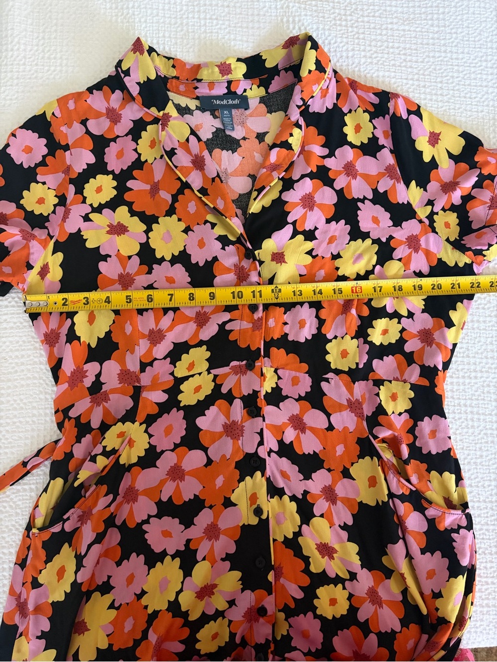 ModCloth Retro Black Midi Dress with Pink, Orange & Yellow Floral Print - XL - Picture 7 of 11